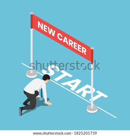 Flat 3d isometric businessman in starting position and ready to his new career. Start new career and business challenge concept. Royalty-Free Stock Photo #1825201739