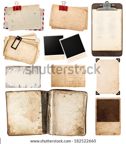 pile of old postcards isolated on white background. vintage paper sheets with clip. old photo frames. antique clipboard. retro design