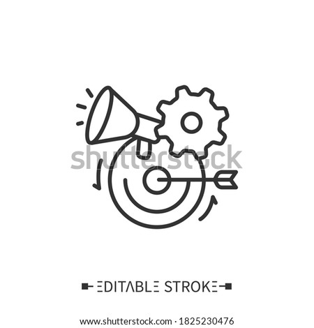 Marketing synergy icon. Speaker, circular arrows, cogwheel and arrow with target depict work process. Outline drawing. PR targeting and information campaign concept. Editable vector illustration  Royalty-Free Stock Photo #1825230476