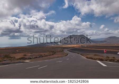 volcanic landscape and roads on the island of Lanzarote, Canary Islands, Spain