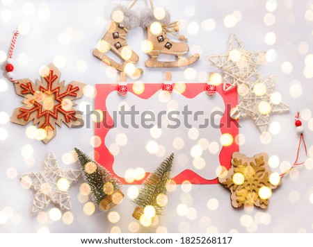 Christmas card. Christmas tree wooden toys, festive layout. space for text