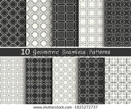 Set of seamless geometric patterns. Black and white line backgrounds collection. Endless repeating linear texture for wallpaper, packaging, banners, invitations, business cards, fabric print