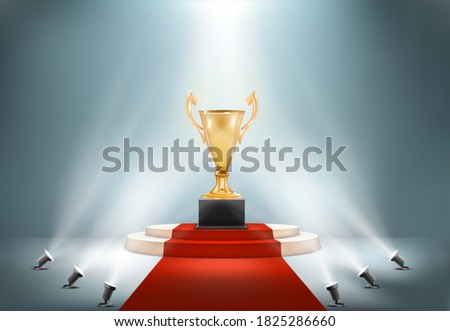 golden award cup on pedestal with spotlights light vector illustration