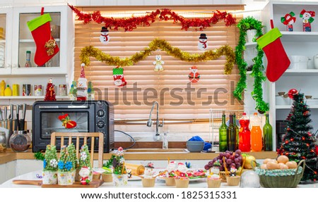 copy space decorated kitchen prepared for Christmas and tableware.