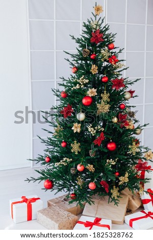 Christmas tree pine with gifts for the new year interior postcard banner