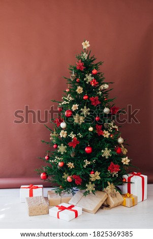 Christmas tree pine with gifts for the new year postcard banner brown background