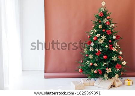 Christmas tree pine with gifts for the new year postcard banner brown background
