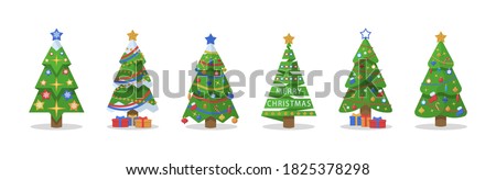 Collection of christmas trees on white background. Set of cartoon pines for greeting card, invitation,banner, web. Winter holiday. New Years and xmas traditional symbol tree with garlands, light bulb.