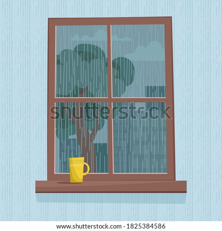 Rain outside the window. Cute vector illustration in flat style