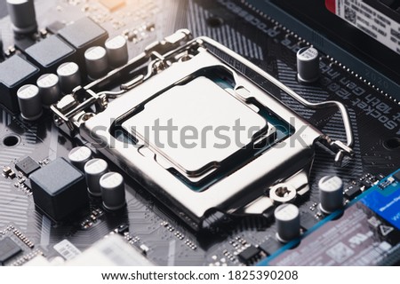 the close up image of the CPU chipset. the concept of the computer, electronics, hardware, Artificial intelligence and technology
