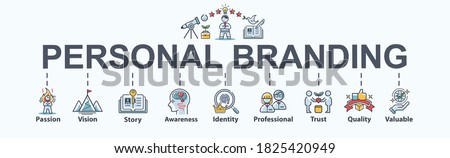 Personal branding banner web icon for business and manager, vision, passion, story telling, awareness, CEO, valuable, quality and Identity. Flat cartoon vector infographic. Royalty-Free Stock Photo #1825420949