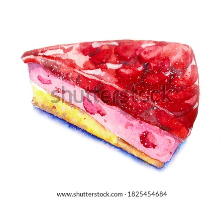 Colorful artistic watercolor illustration of a slice of a red strawberry layered cake with jelly and pink cream