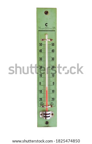 Vintage (classic) Thermometers made of wood in green color with red mercury show the temperature below zero in winter. Royalty-Free Stock Photo #1825474850