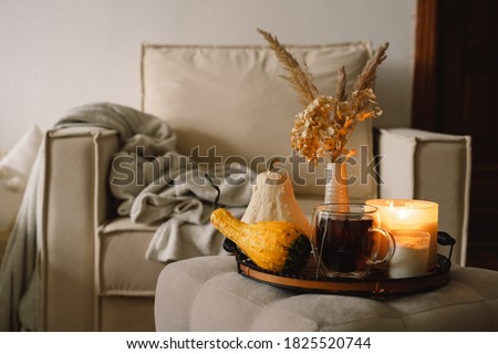 Still life details in home interior of living room. Pumpkin and cup of tea with candles on a serving tray. Rest and Reading. Cozy autumn 
