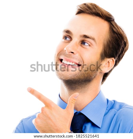 Portrait of businessman showing something, isolated over white background. Business, job and education concept. Pointing confident man at studio. Square composition picture.