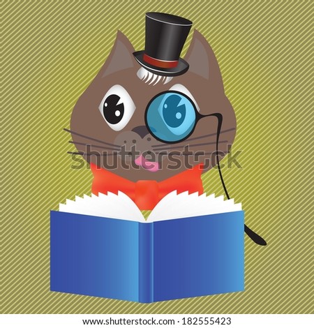 colorful illustration with cat reading a book for your design