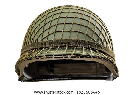 Warfare protective gear and soldier camouflage uniform concept with modern green military helmet isolated on white background with clipping path cutout using the ghost mannequin technique Royalty-Free Stock Photo #1825606646