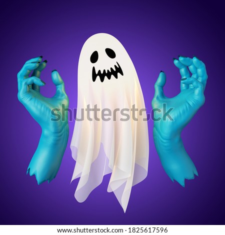 3d render, spooky white ghost character with blue zombie hands, halloween clip art isolated on violet background