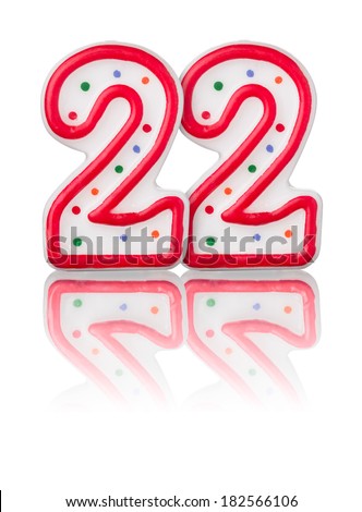 Red number 22 with reflection on a white background