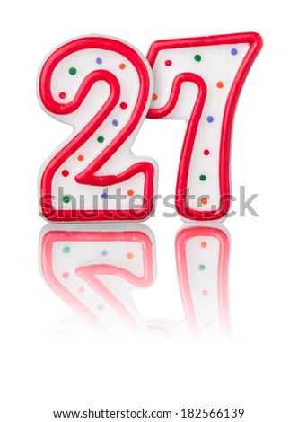 Red number 27 with reflection on a white background