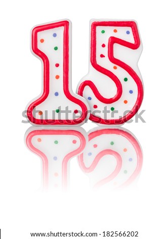 Red number 15 with reflection on a white background
