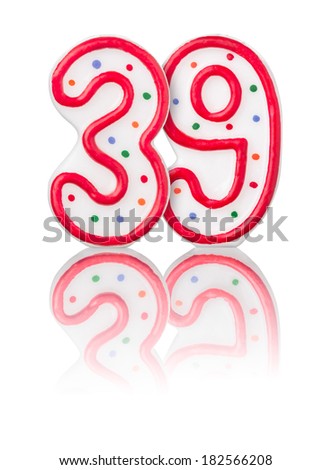 Red number 39 with reflection on a white background