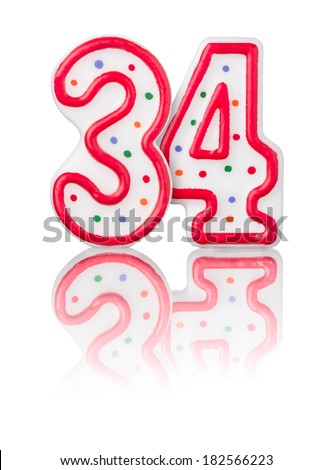 Red number 34 with reflection on a white background