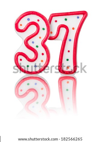Red number 37 with reflection on a white background