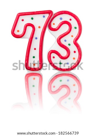 Red number 73 with reflection on a white background