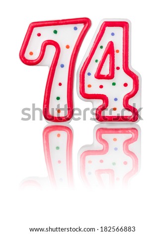 Red number 74 with reflection on a white background