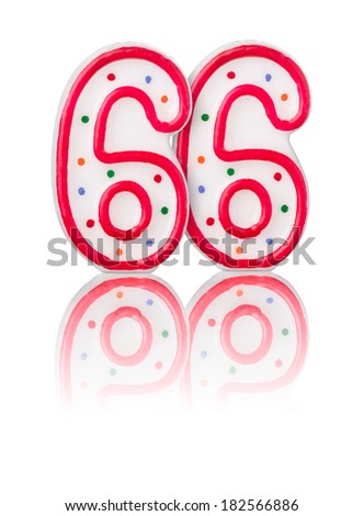 Red number 66 with reflection on a white background