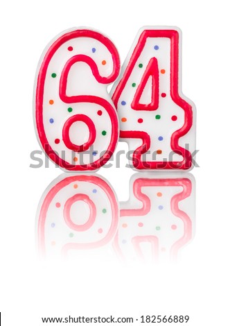 Red number 64 with reflection on a white background