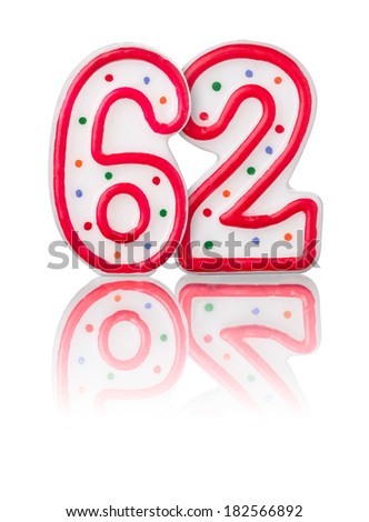 Red number 62 with reflection on a white background