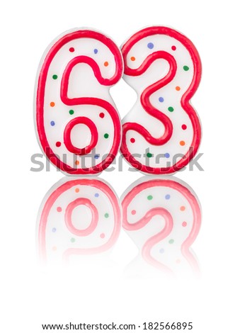 Red number 63 with reflection on a white background