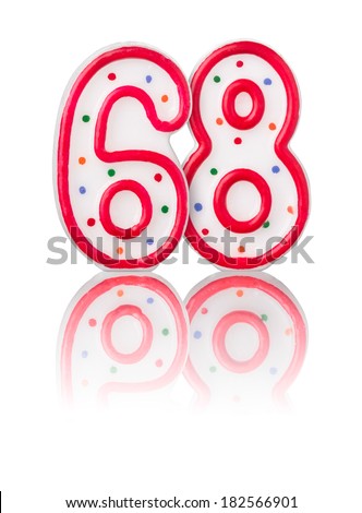 Red number 68 with reflection on a white background