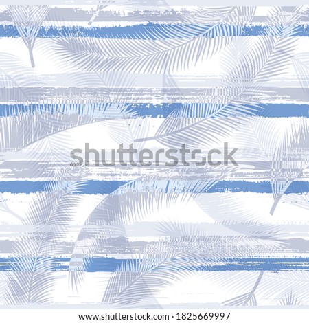 Tropical coconut palm leaves tree branches overlapping stripes vector seamless pattern. South african forest foliage summer fashion print. Tropical leaves and stripes seamless.