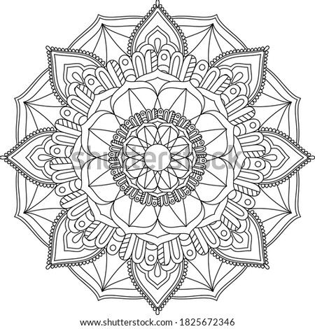 Leaves and floral circular pattern black and white in form of mandala for Henna, Mehndi, tattoo, decoration. Decorative ornament in ethnic oriental style. Vintage decorative elements. Coloring page.
