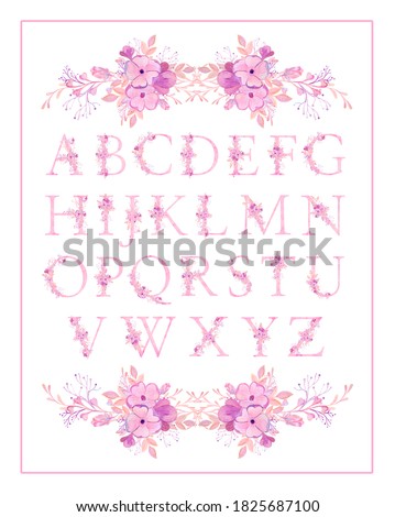 Watercolor pink, lilac alphabet with twigs and flowers. Cute illustration for decoration of weddings and holidays. Clipart on a white background