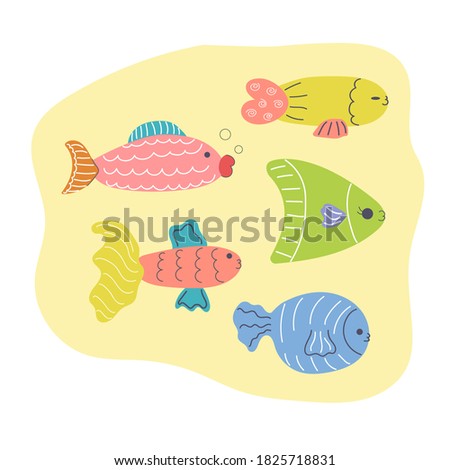 Hand drawn set of cute fish, pisces. Flat illustration for nursery design.