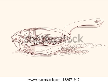 Shrimps on frying pan. Hand drawn food.