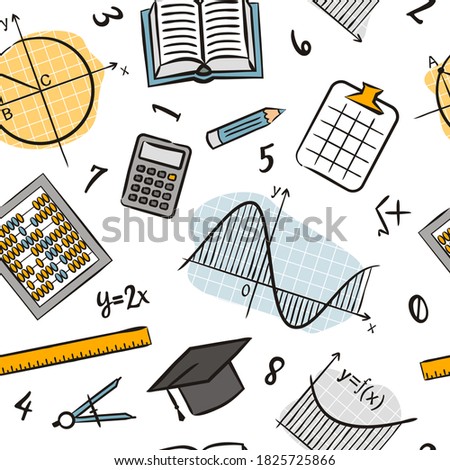 Seamless doodle pattern with school algebra elements. Pattern with mathematical objects: ruler, book, calculator, compass, charts, graphs and others. Vector background. 