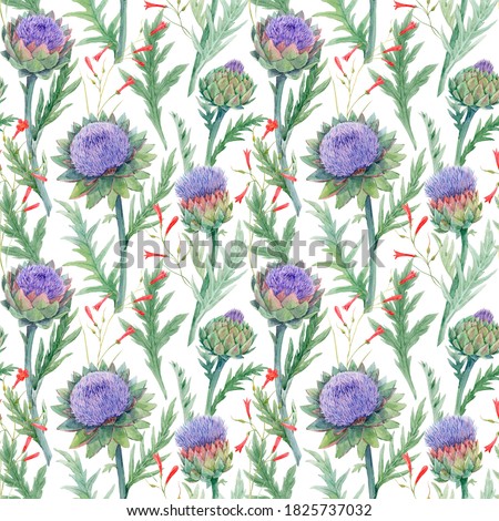 Beautiful seamless floral pattern with watercolor gentle blue blooming artichoke flowers. Stock illustration.