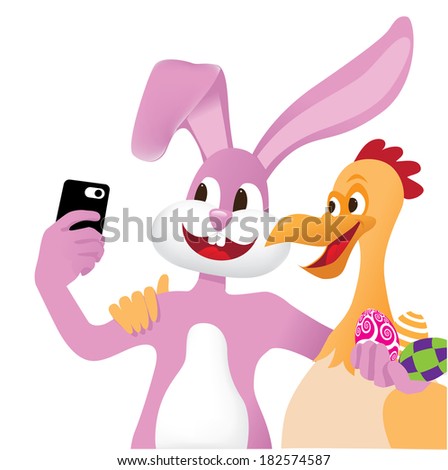 Easter bunny and chicken take a selfie 