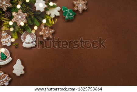 Merry Christmas and New Year holidays background, Christmas homemade gingerbread cookies.