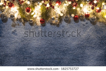 Merry Christmas and New Year holidays background, Christmas tree border with holiday decor