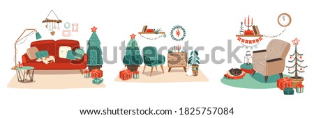 Scandinavian interior with December home decorations.tree, gift, candles.Cozy Winter holiday season.Cute illustration in Hygge style.Christmas decorated living room with fireplace,christmas tree