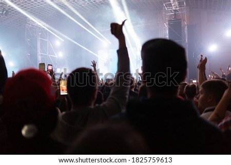 A crowd of people at the concert have fun and dance to the music at the concert. Rear view. The concept of entertainment and relaxation