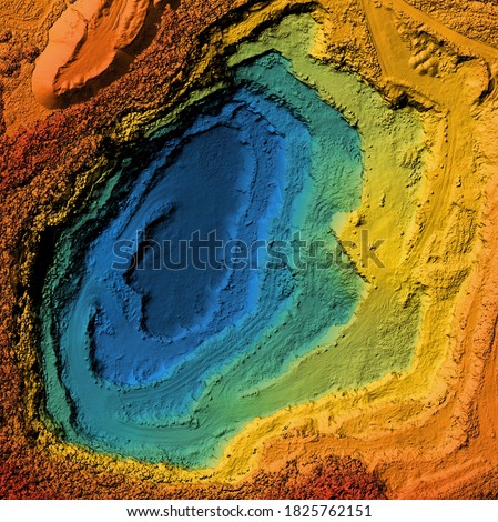 Model of a mine elevation. GIS product made after processing aerial pictures taken from a drone. It shows excavation site with steep rock walls Royalty-Free Stock Photo #1825762151
