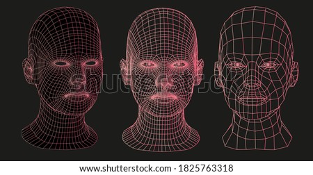 Low poly 3D head on dark background, human face structure made of grid. Biometrics, Facial Recognition and Cyber Security concept. Royalty-Free Stock Photo #1825763318