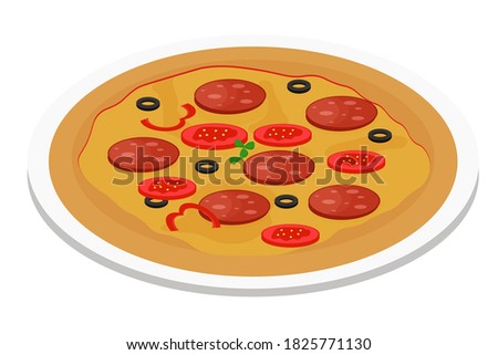 Colorful round pizza on plate with tomato, olives, salami isolated on white background. Italian cuisine, fast food.